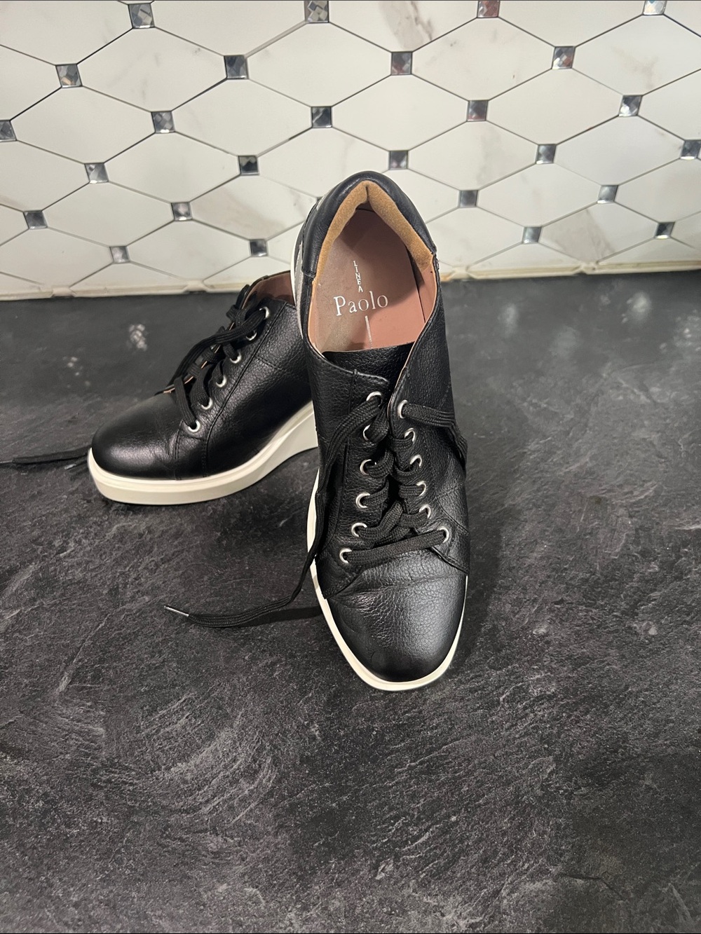 Paolo Black Leather Lace-Up Sneakers with White Platform Sole